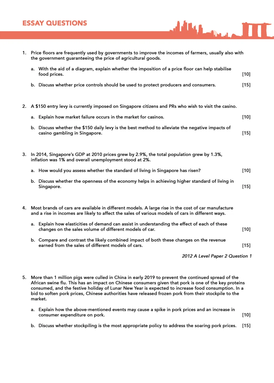 Level 1 Essay Bootcamp booklet page listing the essay questions and their mark allocations
