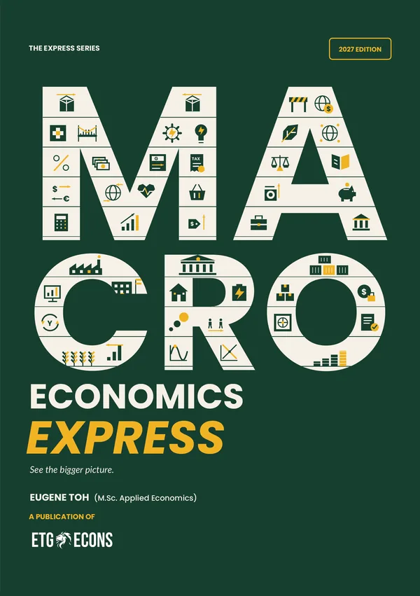 Cover of Macroeconomics Express, 2027 edition, with the word MACRO built from small economics icons on forest green.