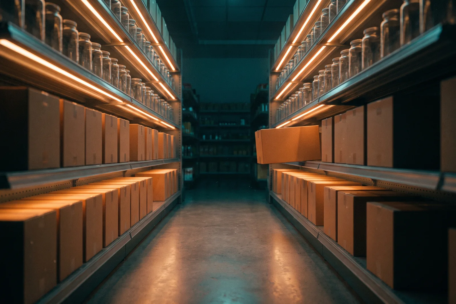 A long archive aisle of shelved boxes and jars lit by warm strip lighting
