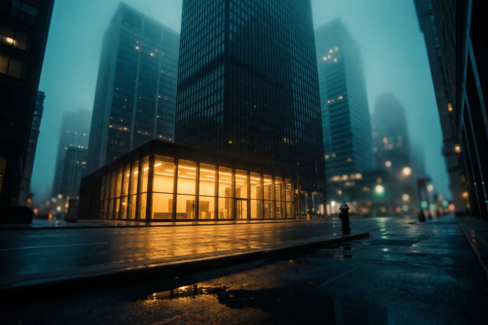 A financial district at night in the rain, dark towers above one lit ground floor lobby