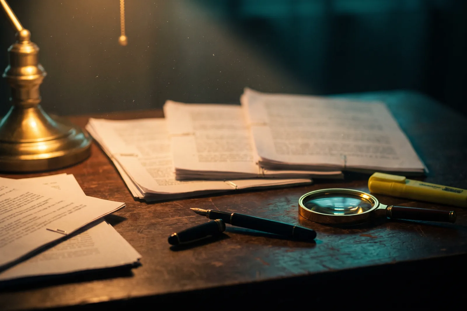 Marked essay scripts, a fountain pen and a magnifying glass on a desk under a reading lamp
