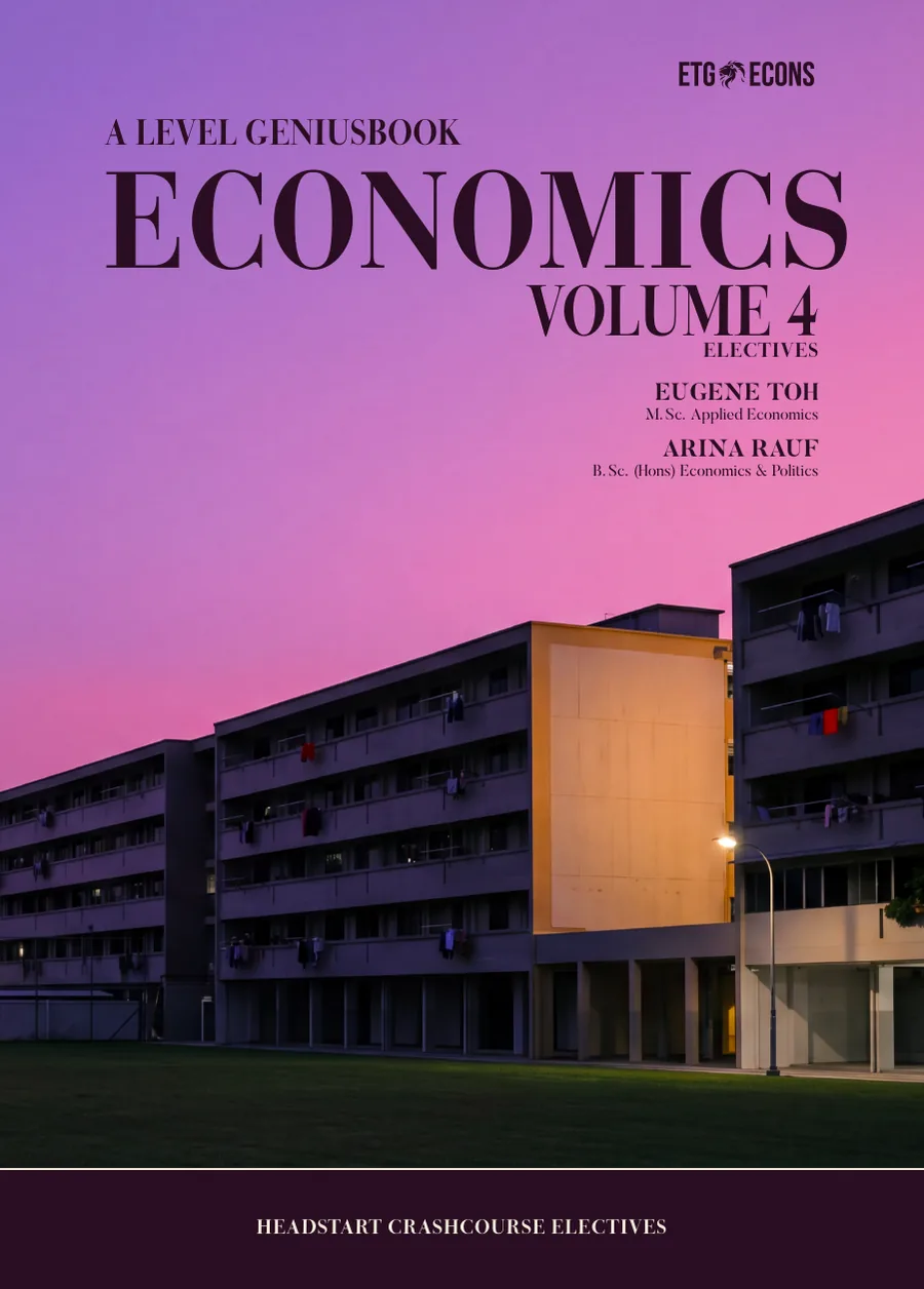 Cover of A Level Geniusbook Economics Volume 4 Electives, showing an HDB block against a magenta dusk sky.