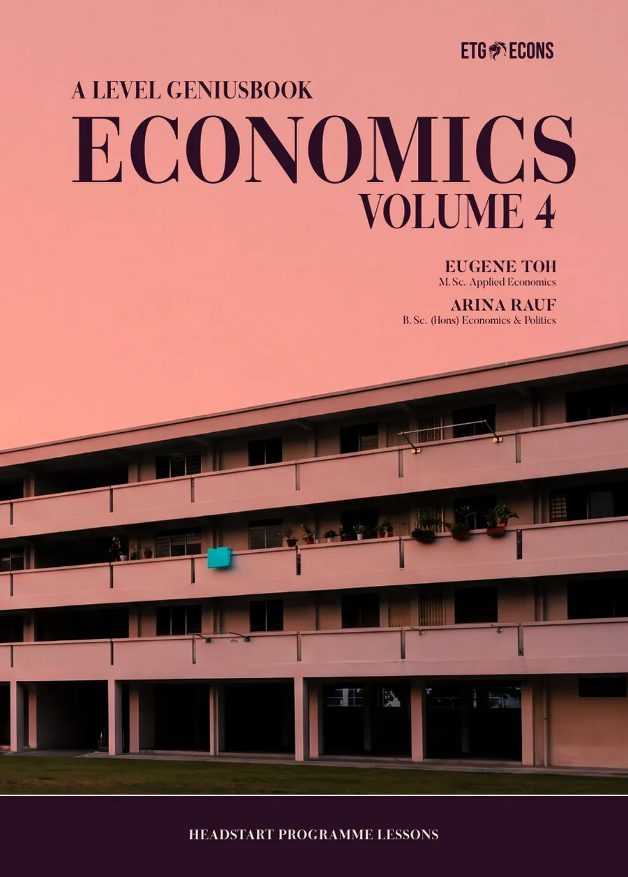 Cover of A Level Geniusbook Economics Volume 4, showing an HDB block against a pink and violet dusk sky.
