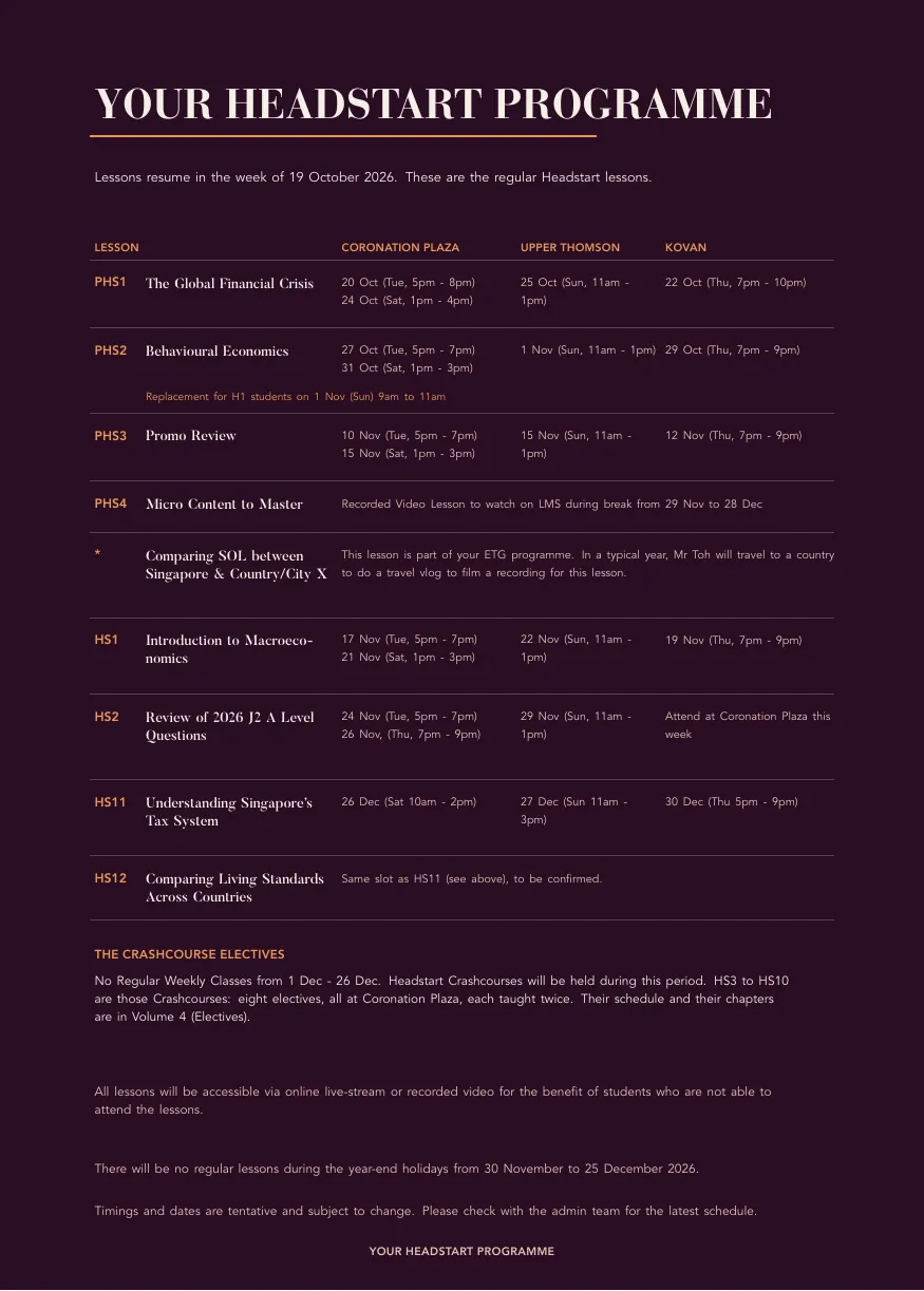 A dark timetable page headed Your Headstart Programme, listing each lesson against its dates at Coronation Plaza, Upper Thomson and Kovan.