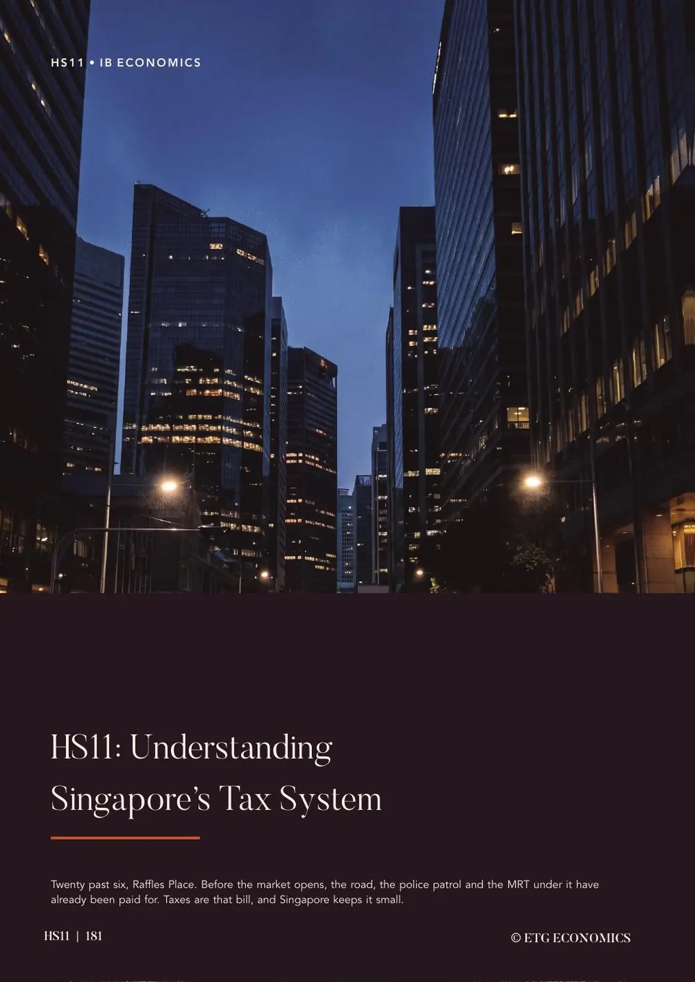 Office towers lit at night, above the chapter title HS11, Understanding Singapore's Tax System.