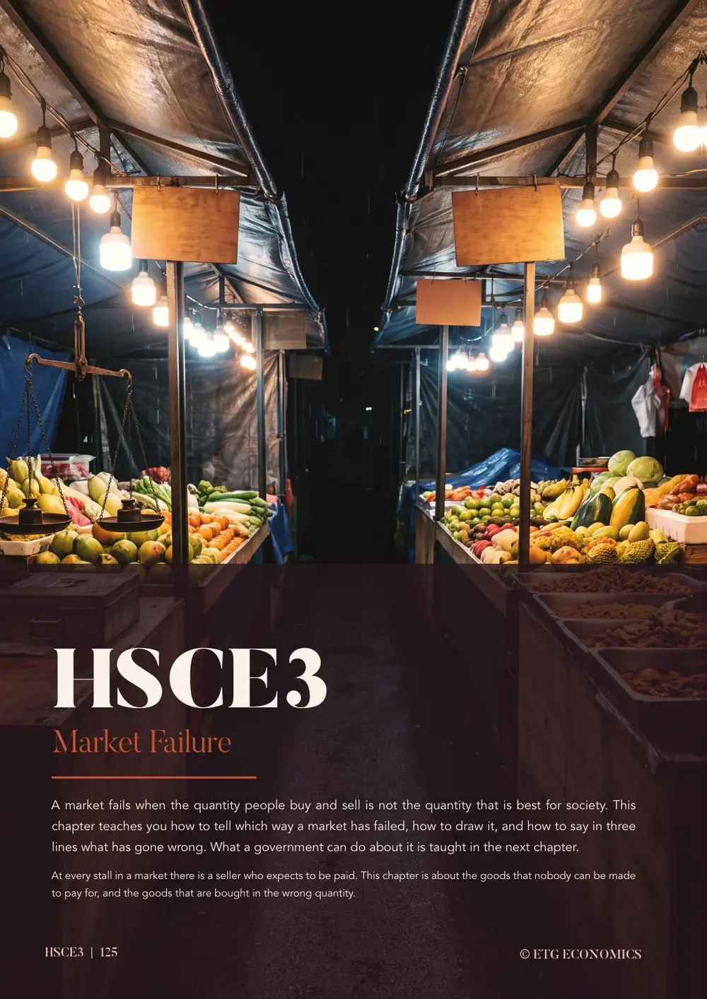 A covered night market aisle lit by hanging bulbs above fruit and vegetable stalls, with the title HSCE3, Market Failure below.