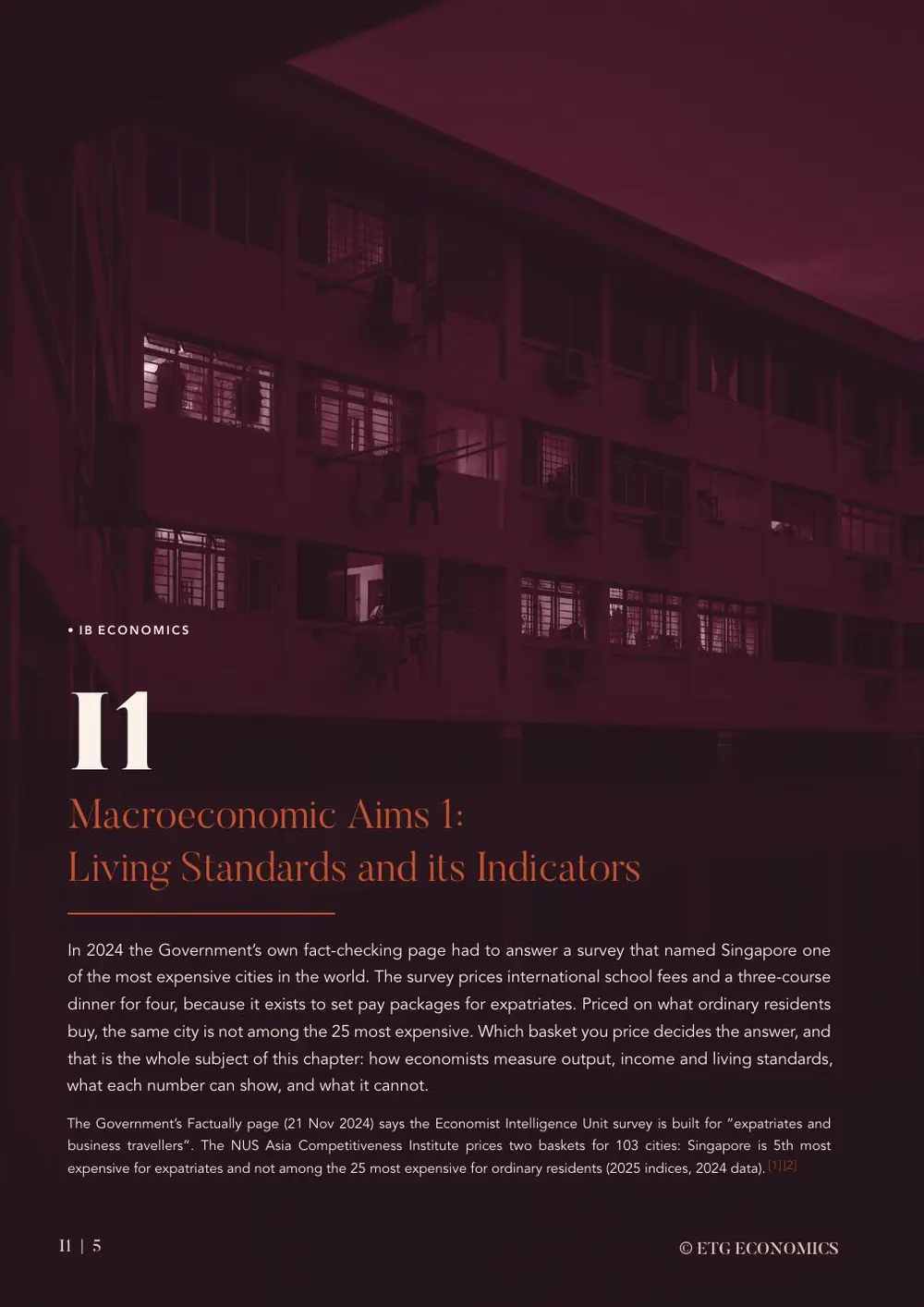 A pink HDB block at dusk filling the page, above the chapter title I1, Macroeconomic Aims 1, living standards and its indicators.