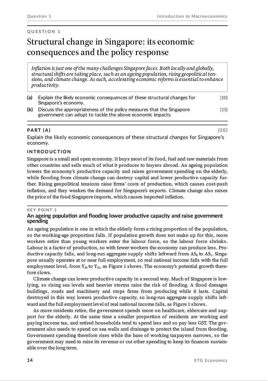 The opening page of Question 1, on structural change in Singapore, showing the case, both essay parts and the start of the model answer.