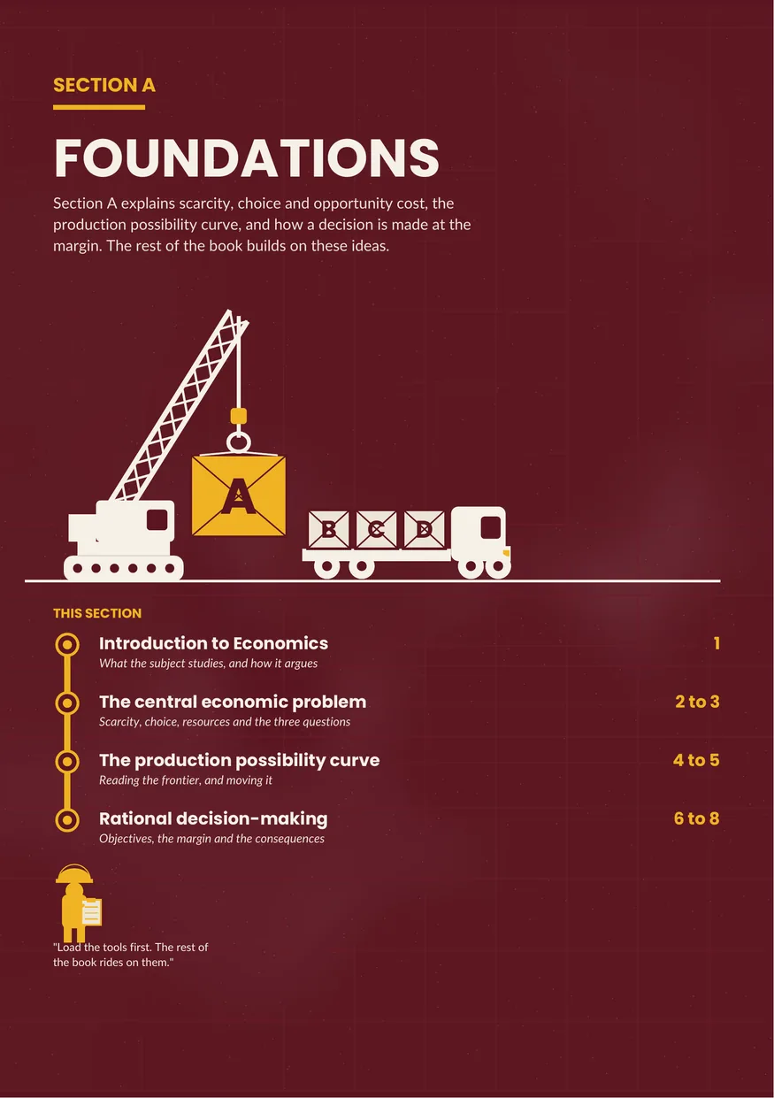 A maroon section opener titled Section A Foundations, with an illustrated crane loading a crate onto a lorry and a list of the four lessons in the section.