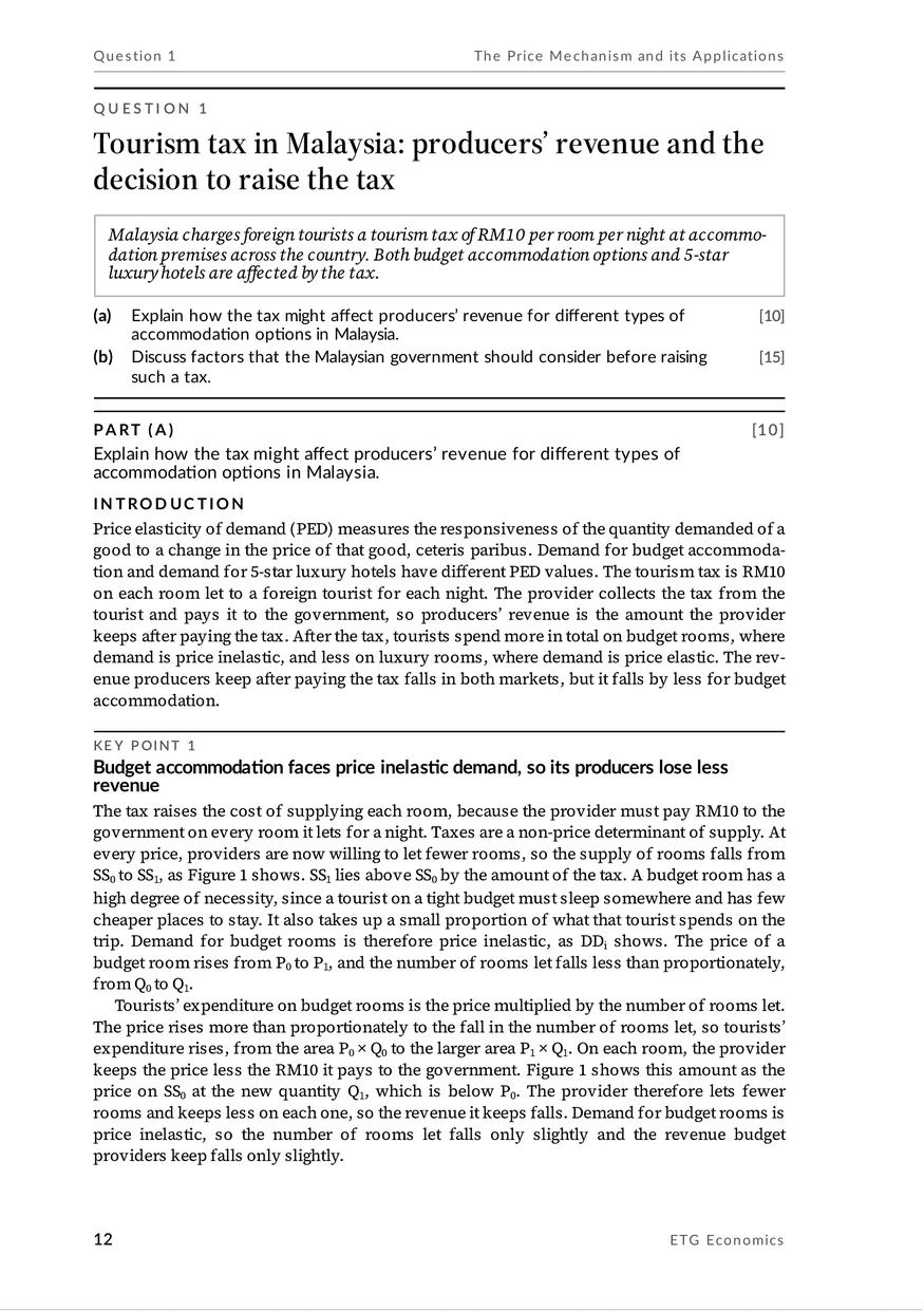 The opening page of Question 1, on a tourism tax in Malaysia, showing the case, both essay parts and the start of the model answer.