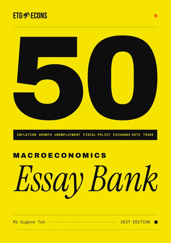 Cover of the Macroeconomics Essay Bank, 2027 edition, with a large black 50 on yellow above a band of Macro topics.
