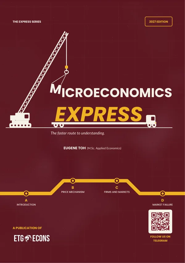 Cover of Microeconomics Express, 2027 edition, with a crane lifting crates above a yellow route line on deep maroon.