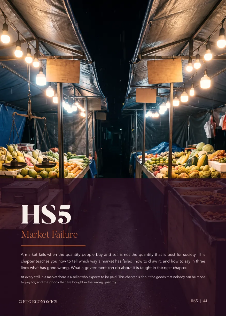 A covered night market aisle lit by hanging bulbs above fruit and vegetable stalls, with the title HS5 Market Failure below.