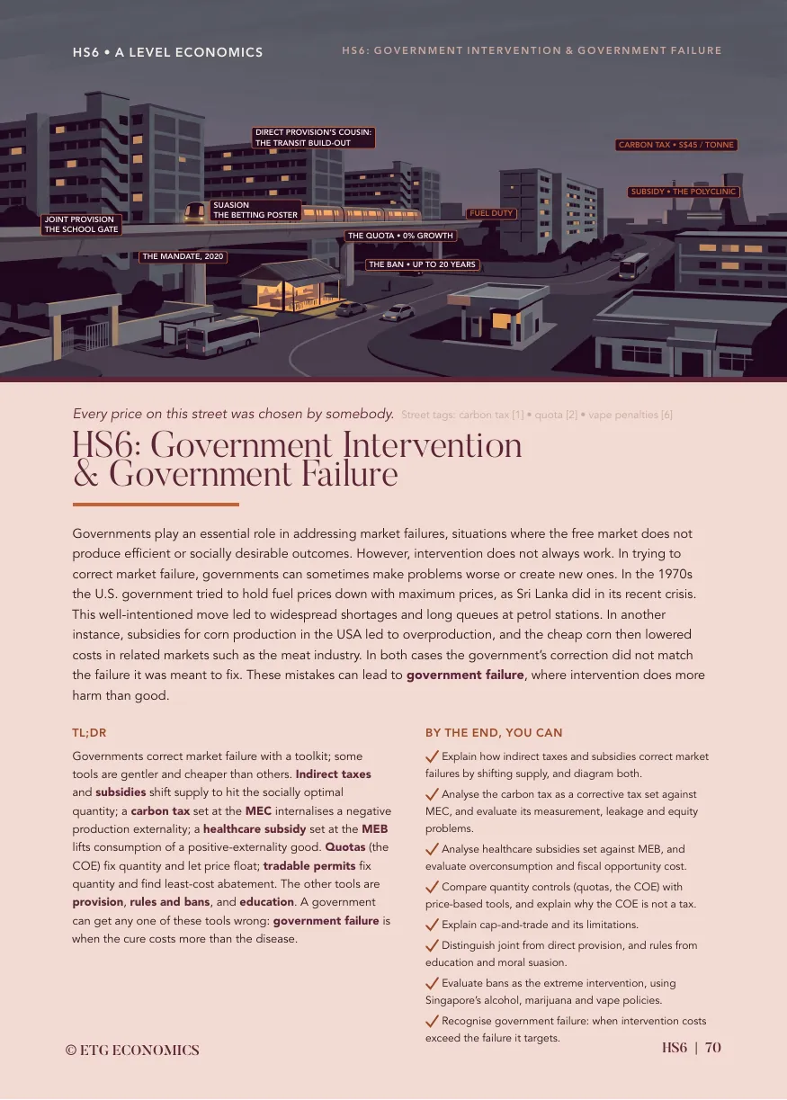 An illustrated street panorama with labelled callouts naming a different government policy tool at each building, above a panel titled HS6 Government Intervention and Government Failure.