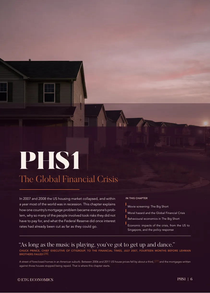 Rows of suburban American houses at dusk, above a dark panel titled PHS1 The Global Financial Crisis.