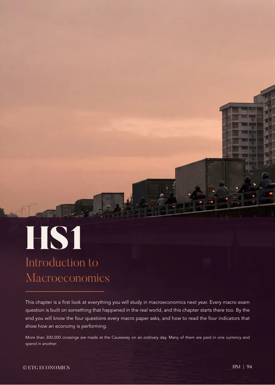 Lorries queued on the Causeway at sunset, above a panel titled HS1 Introduction to Macroeconomics.