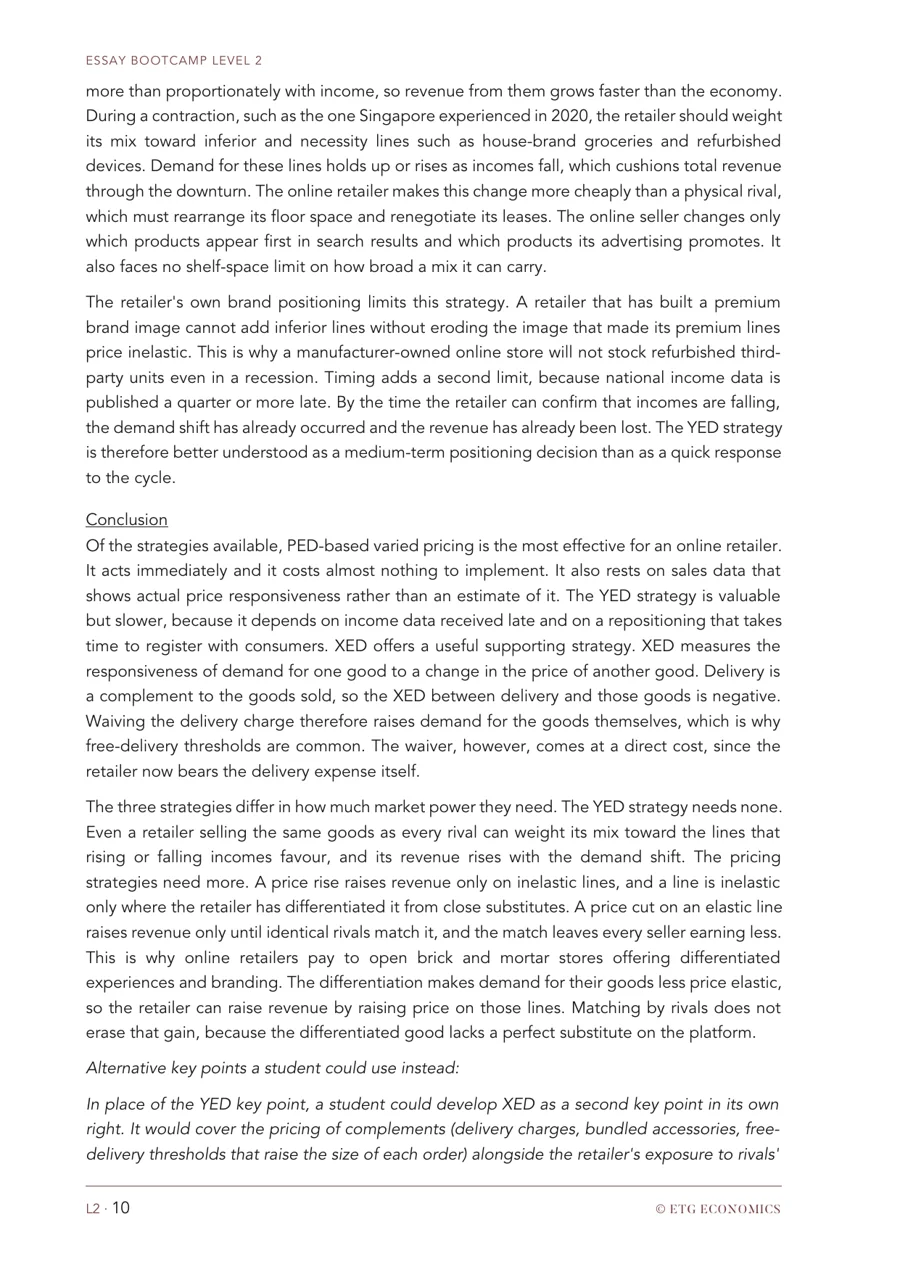 Level 2 Essay Bootcamp booklet page: a model essay answer with a kinked demand curve diagram