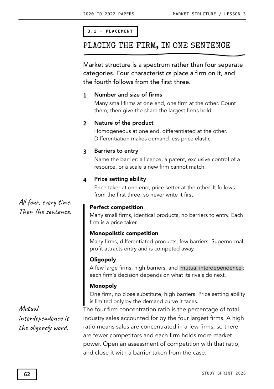 Study Sprint 2026 page: placing the firm in one sentence, with handwritten margin notes